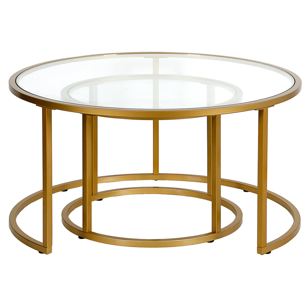 Homeroots Set Of Two 35" Gold Glass And Steel Round Nested Coffee Tables   520944
