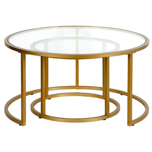 Homeroots Set Of Two 35" Gold Glass And Steel Round Nested Coffee Tables   520944