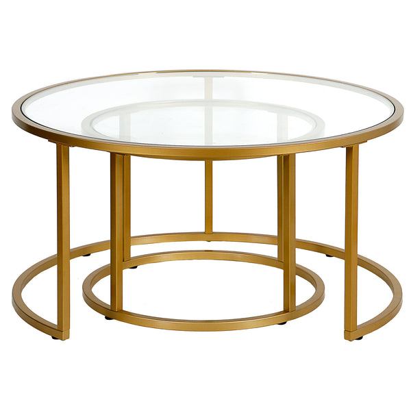 Homeroots Set Of Two 35" Gold Glass And Steel Round Nested Coffee Tables   520944