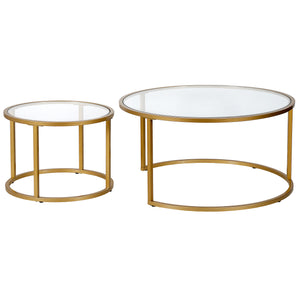 Homeroots Set Of Two 35" Gold Glass And Steel Round Nested Coffee Tables   520944