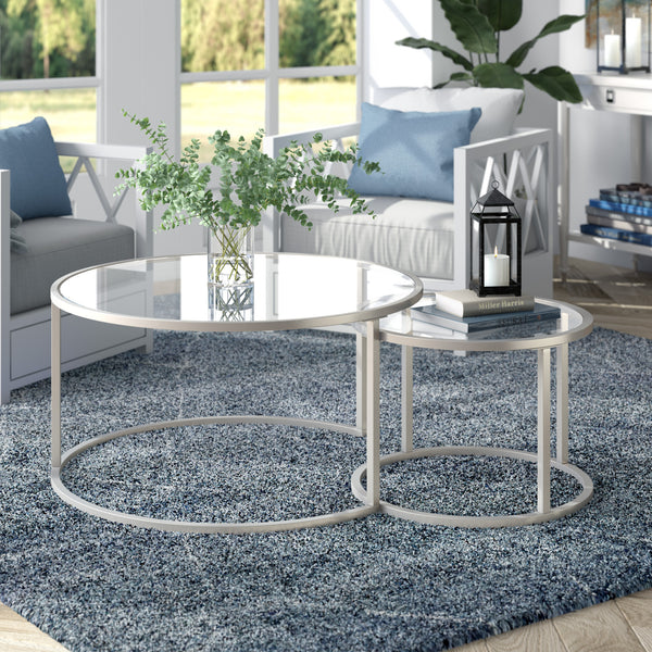 Homeroots Set Of Two 35" Silver Glass And Steel Round Nested Coffee Tables   520945