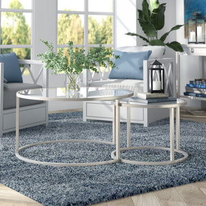 Homeroots Set Of Two 35" Silver Glass And Steel Round Nested Coffee Tables   520945