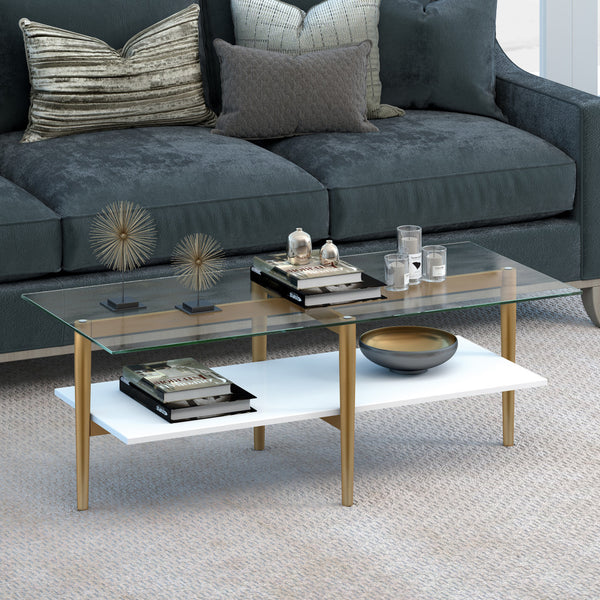 Homeroots 47" Gold Glass And Steel Coffee Table With Shelf   520947