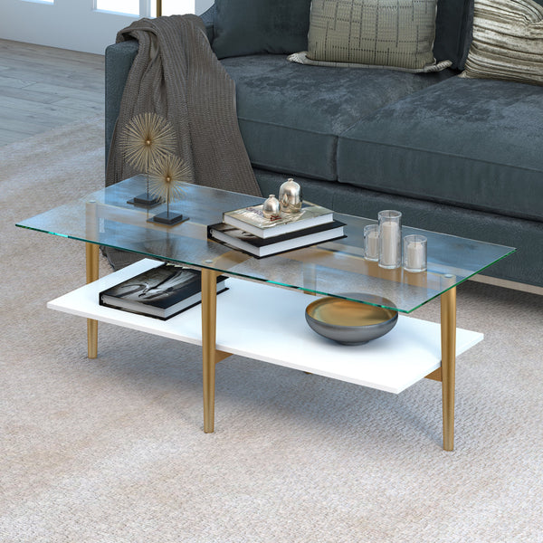 Homeroots 47" Gold Glass And Steel Coffee Table With Shelf   520947