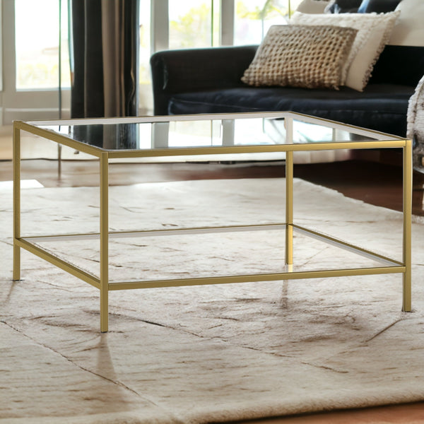 Homeroots 32" Gold Glass And Steel Square Coffee Table With Shelf   520951