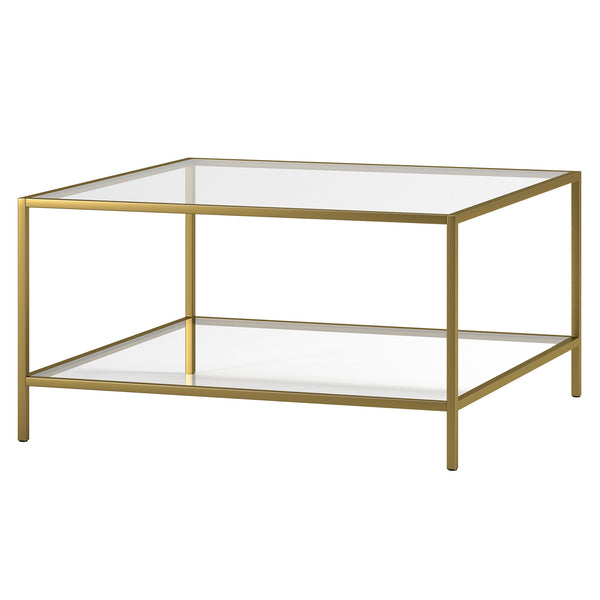 Homeroots 32" Gold Glass And Steel Square Coffee Table With Shelf   520951