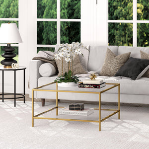 Homeroots 32" Gold Glass And Steel Square Coffee Table With Shelf   520951