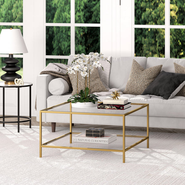 Homeroots 32" Gold Glass And Steel Square Coffee Table With Shelf   520951