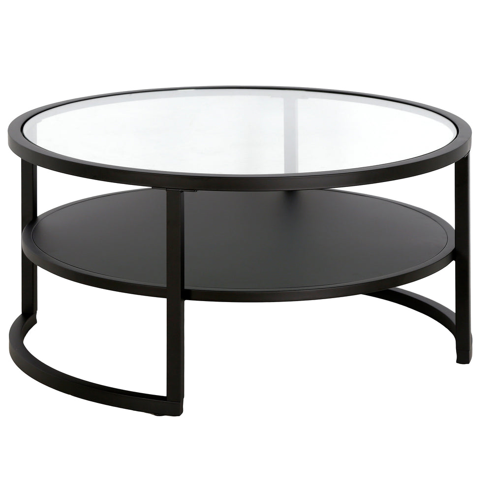 Homeroots 34" Black Glass And Steel Round Coffee Table With Shelf   520953
