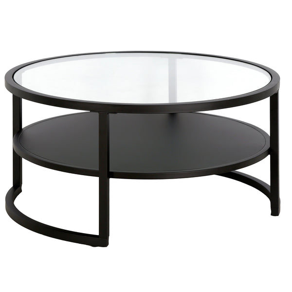 Homeroots 34" Black Glass And Steel Round Coffee Table With Shelf   520953