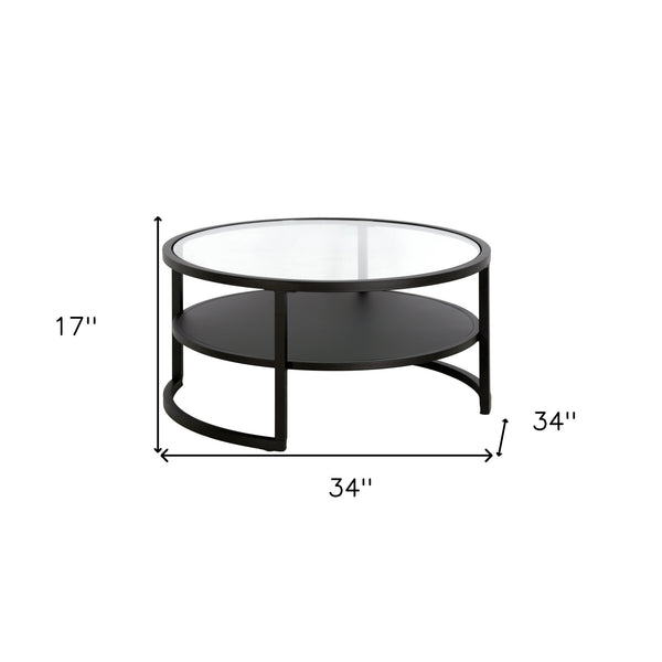 Homeroots 34" Black Glass And Steel Round Coffee Table With Shelf   520953