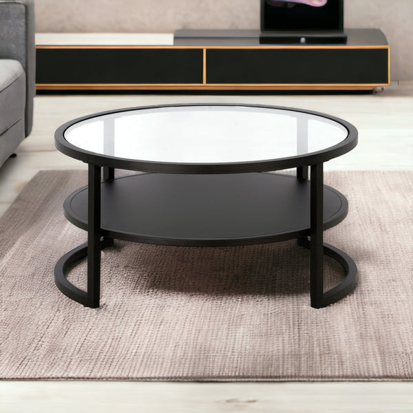 Homeroots 34" Black Glass And Steel Round Coffee Table With Shelf   520953
