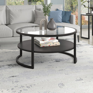 Homeroots 34" Black Glass And Steel Round Coffee Table With Shelf   520953