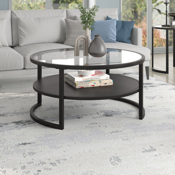 Homeroots 34" Black Glass And Steel Round Coffee Table With Shelf   520953