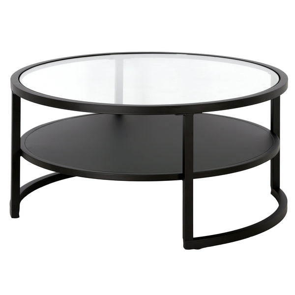 Homeroots 34" Black Glass And Steel Round Coffee Table With Shelf   520953