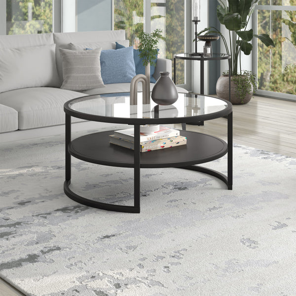 Homeroots 34" Black Glass And Steel Round Coffee Table With Shelf   520953