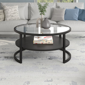 Homeroots 34" Black Glass And Steel Round Coffee Table With Shelf   520953
