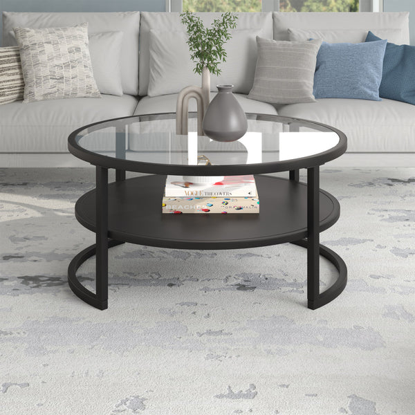 Homeroots 34" Black Glass And Steel Round Coffee Table With Shelf   520953