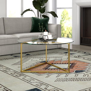 Homeroots 35" Gold Glass And Steel Round Coffee Table   520954