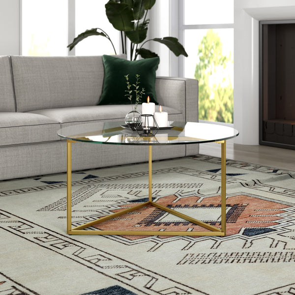 Homeroots 35" Gold Glass And Steel Round Coffee Table   520954