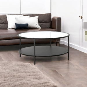 Homeroots 36" Black Glass And Steel Round Coffee Table With Shelf   520958