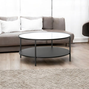 Homeroots 36" Black Glass And Steel Round Coffee Table With Shelf   520958