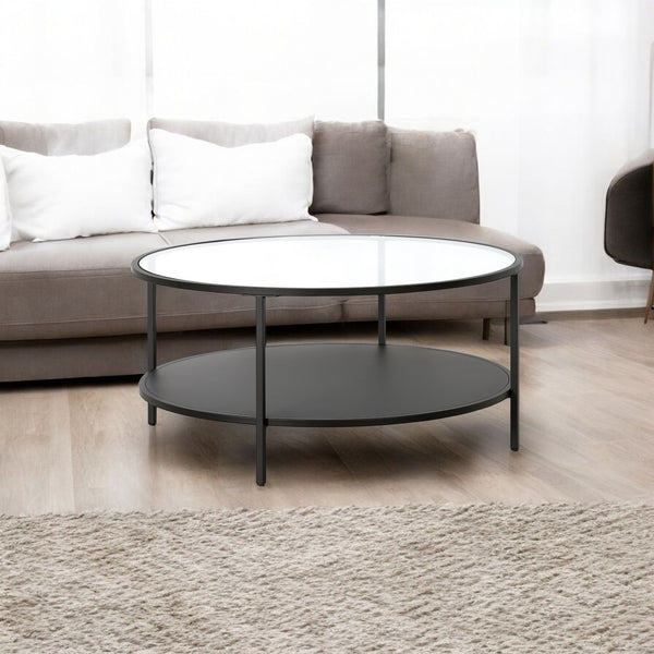 Homeroots 36" Black Glass And Steel Round Coffee Table With Shelf   520958