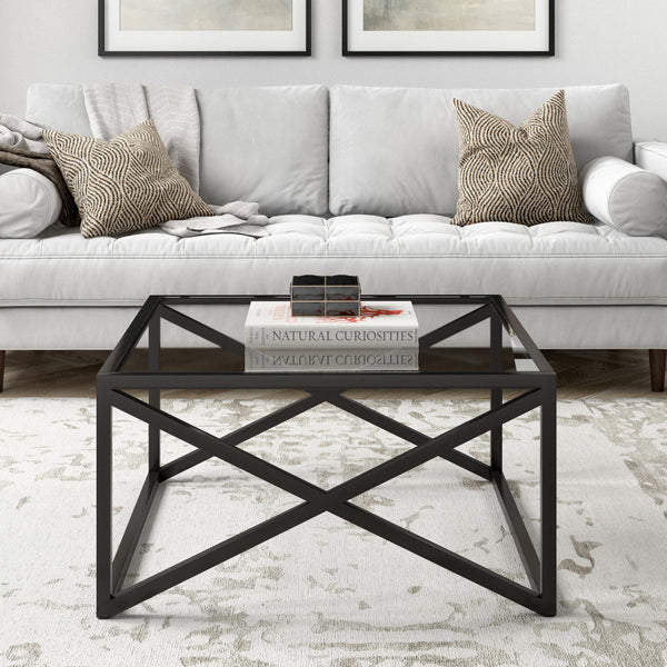 Homeroots 32" Black Glass And Steel Square Coffee Table   520959