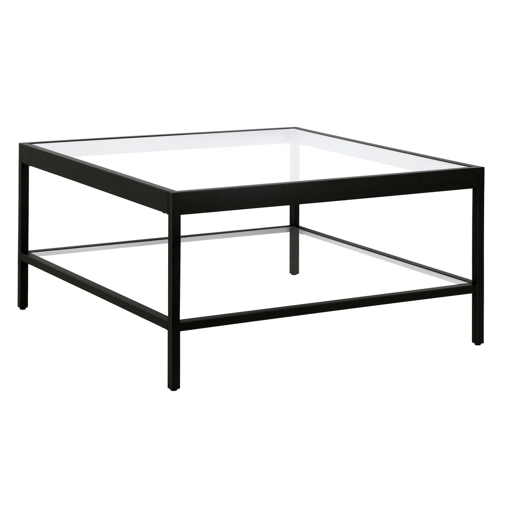 Homeroots 32" Clear And Black Glass And Steel Square Coffee Table With Shelf   520961