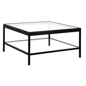 Homeroots 32" Clear And Black Glass And Steel Square Coffee Table With Shelf   520961