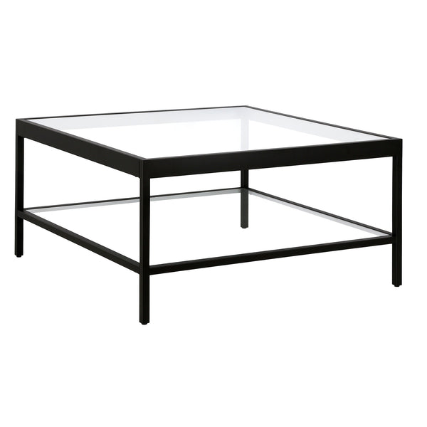 Homeroots 32" Clear And Black Glass And Steel Square Coffee Table With Shelf   520961