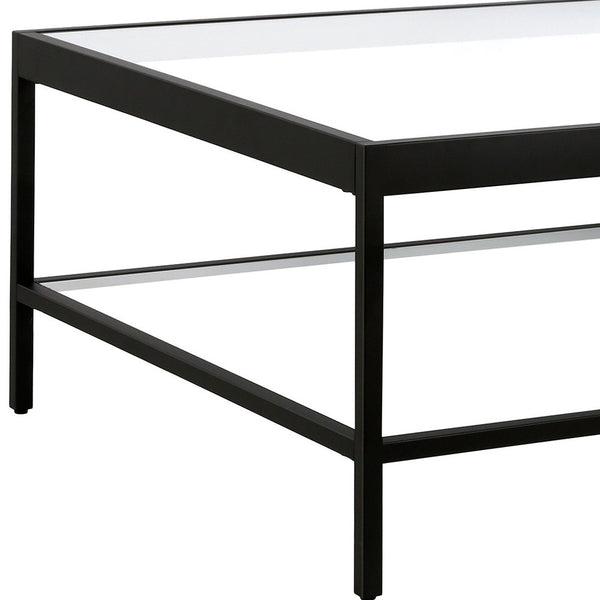 Homeroots 32" Clear And Black Glass And Steel Square Coffee Table With Shelf   520961