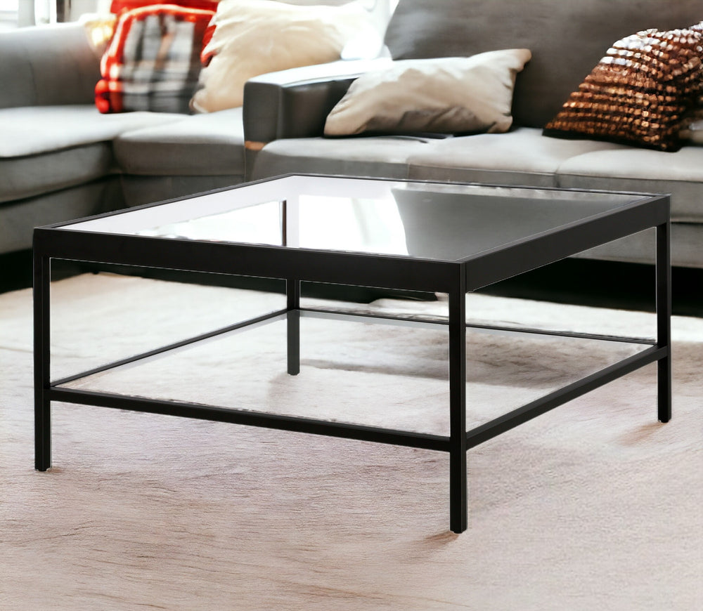 Homeroots 32" Clear And Black Glass And Steel Square Coffee Table With Shelf   520961