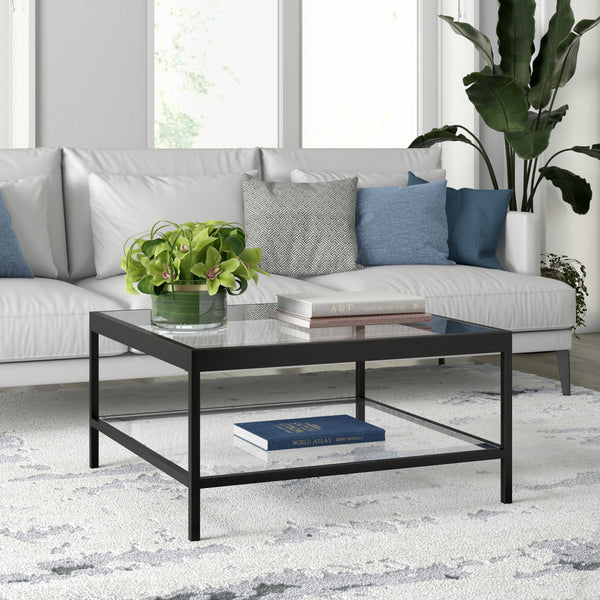 Homeroots 32" Clear And Black Glass And Steel Square Coffee Table With Shelf   520961