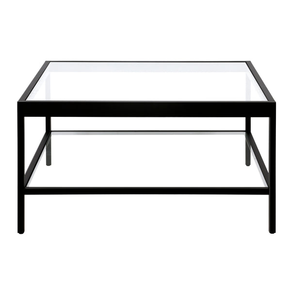 Homeroots 32" Clear And Black Glass And Steel Square Coffee Table With Shelf   520961