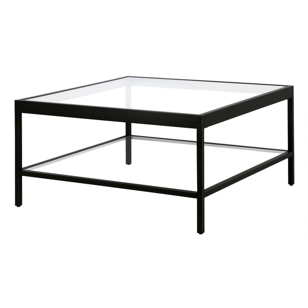 Homeroots 32" Clear And Black Glass And Steel Square Coffee Table With Shelf   520961