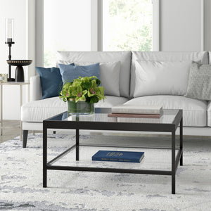 Homeroots 32" Clear And Black Glass And Steel Square Coffee Table With Shelf   520961