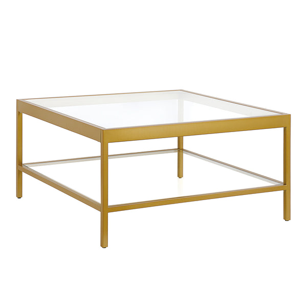 Homeroots 32" Clear And Gold Glass And Steel Square Coffee Table With Shelf   520962