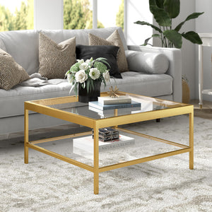 Homeroots 32" Clear And Gold Glass And Steel Square Coffee Table With Shelf   520962
