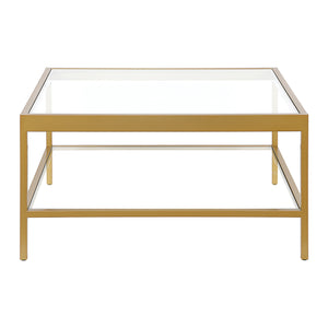 Homeroots 32" Clear And Gold Glass And Steel Square Coffee Table With Shelf   520962