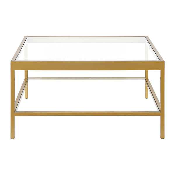 Homeroots 32" Clear And Gold Glass And Steel Square Coffee Table With Shelf   520962