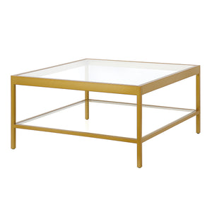 Homeroots 32" Clear And Gold Glass And Steel Square Coffee Table With Shelf   520962