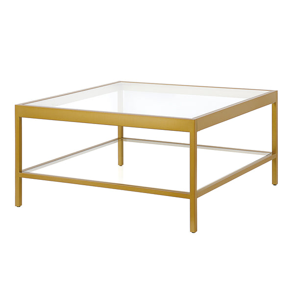Homeroots 32" Clear And Gold Glass And Steel Square Coffee Table With Shelf   520962