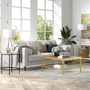 Homeroots 32" Clear And Gold Glass And Steel Square Coffee Table With Shelf   520962