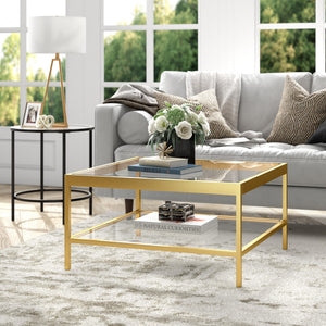 Homeroots 32" Clear And Gold Glass And Steel Square Coffee Table With Shelf   520962