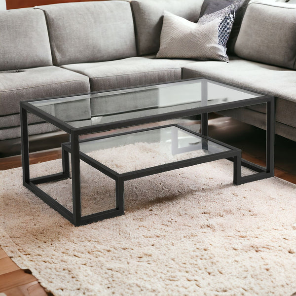 Homeroots 45" Clear And Black Glass And Steel Coffee Table With Shelf   520964