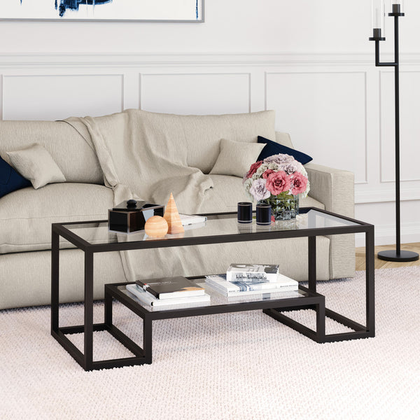 Homeroots 45" Clear And Black Glass And Steel Coffee Table With Shelf   520964