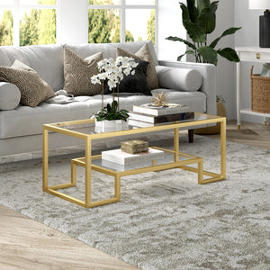 Homeroots 45" Clear And Gold Glass And Steel Coffee Table With Shelf   520965