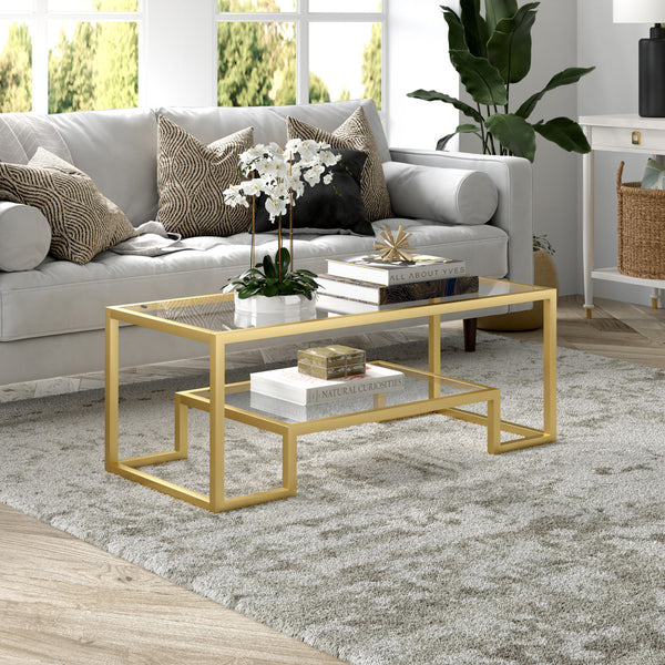 Homeroots 45" Clear And Gold Glass And Steel Coffee Table With Shelf   520965