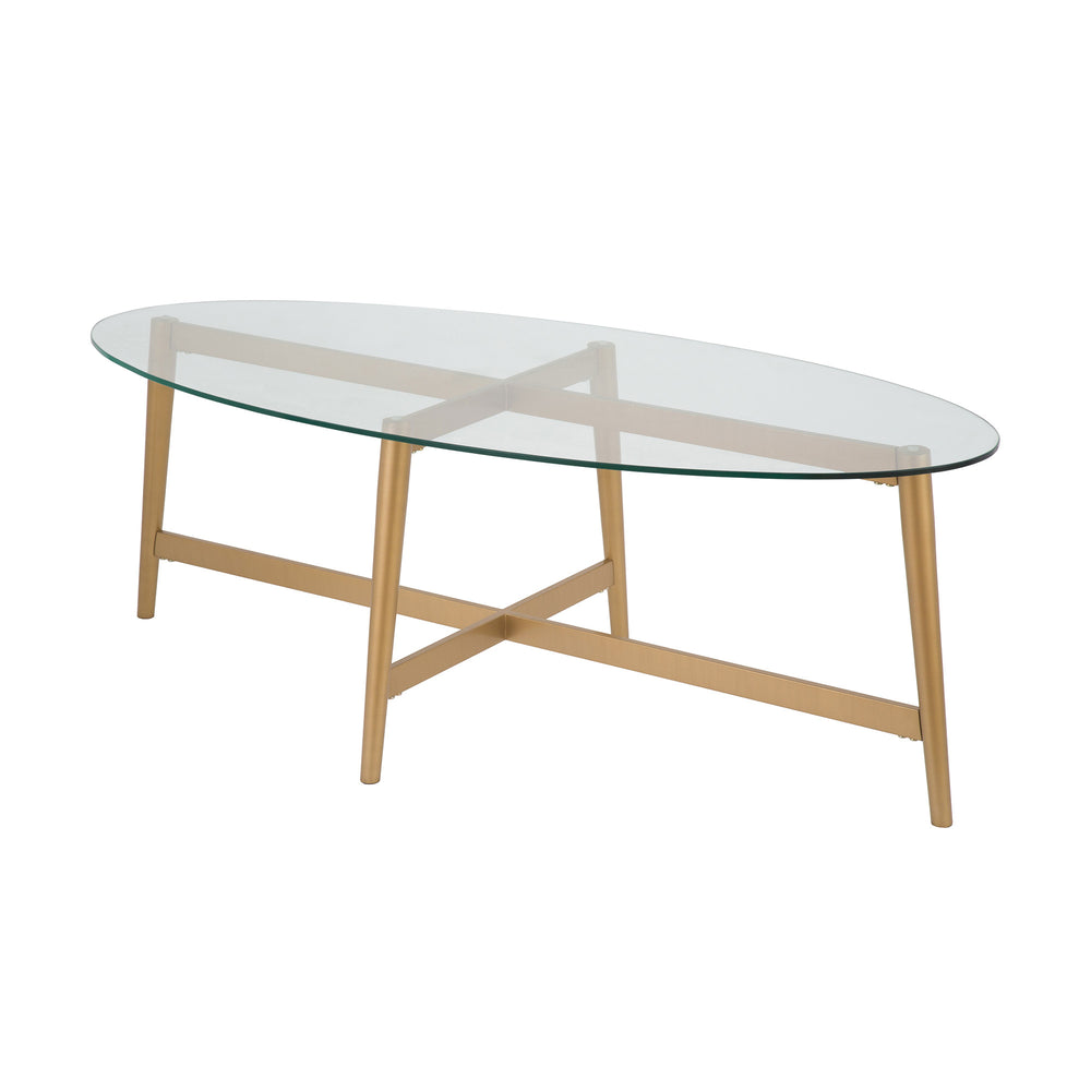 Homeroots 50" Clear Glass And Gold Steel Oval Coffee Table   520967